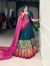 Peacock Blue Color Printed Foil Work Tussar Silk Lehenga Choli